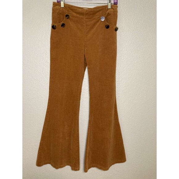 TCEC Pants - Corduroy Boho Hippie Pants Women's L Brown 70s Retro Flare Mid Rise Pull On TCEC